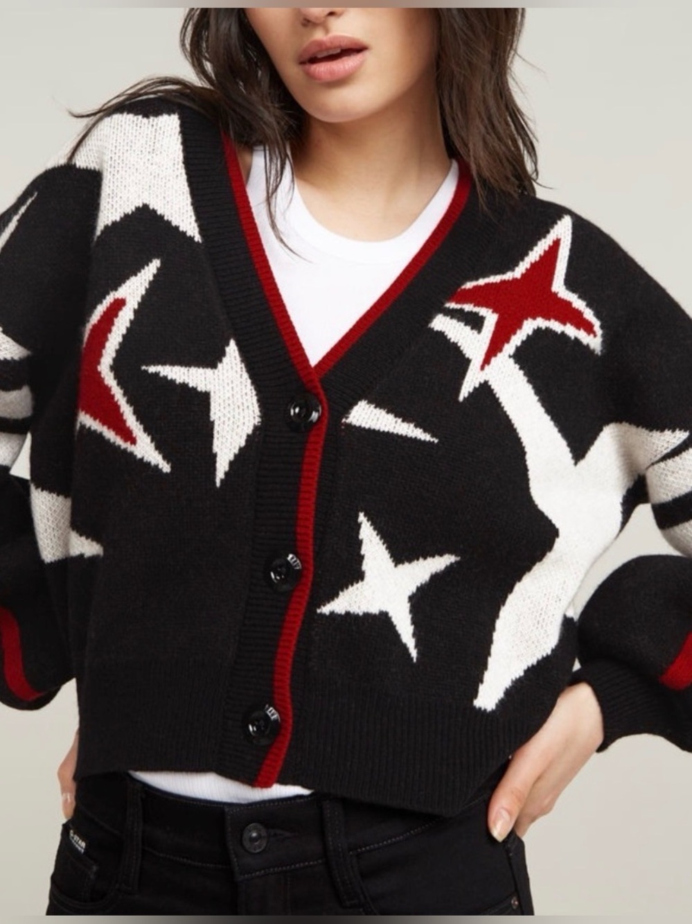 G-Star Raw Black and Red Star Button-Up Cardigan Holiday Loose Knit Sweater NEW
